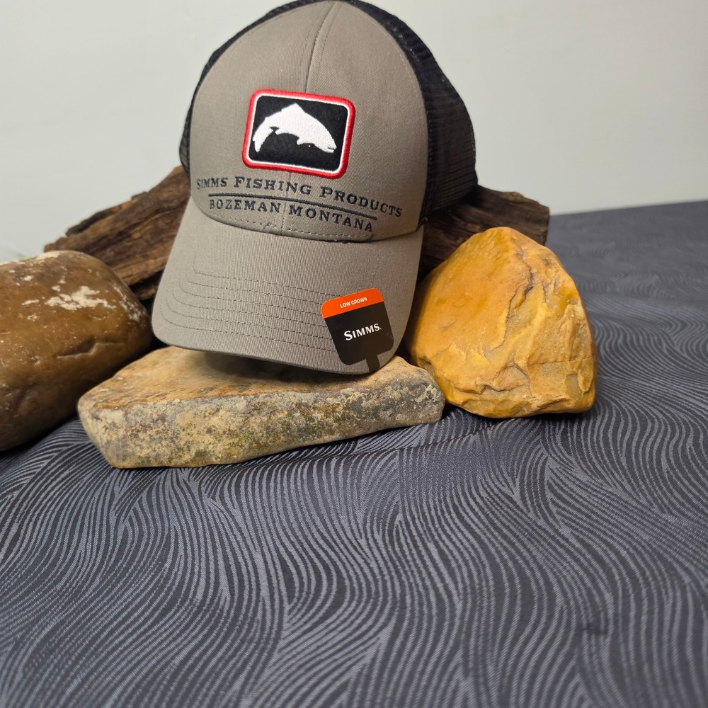 Simms Trout Icon Trucker Hat Mens OSFM Tan New Low Crown Fishing Mesh Cap